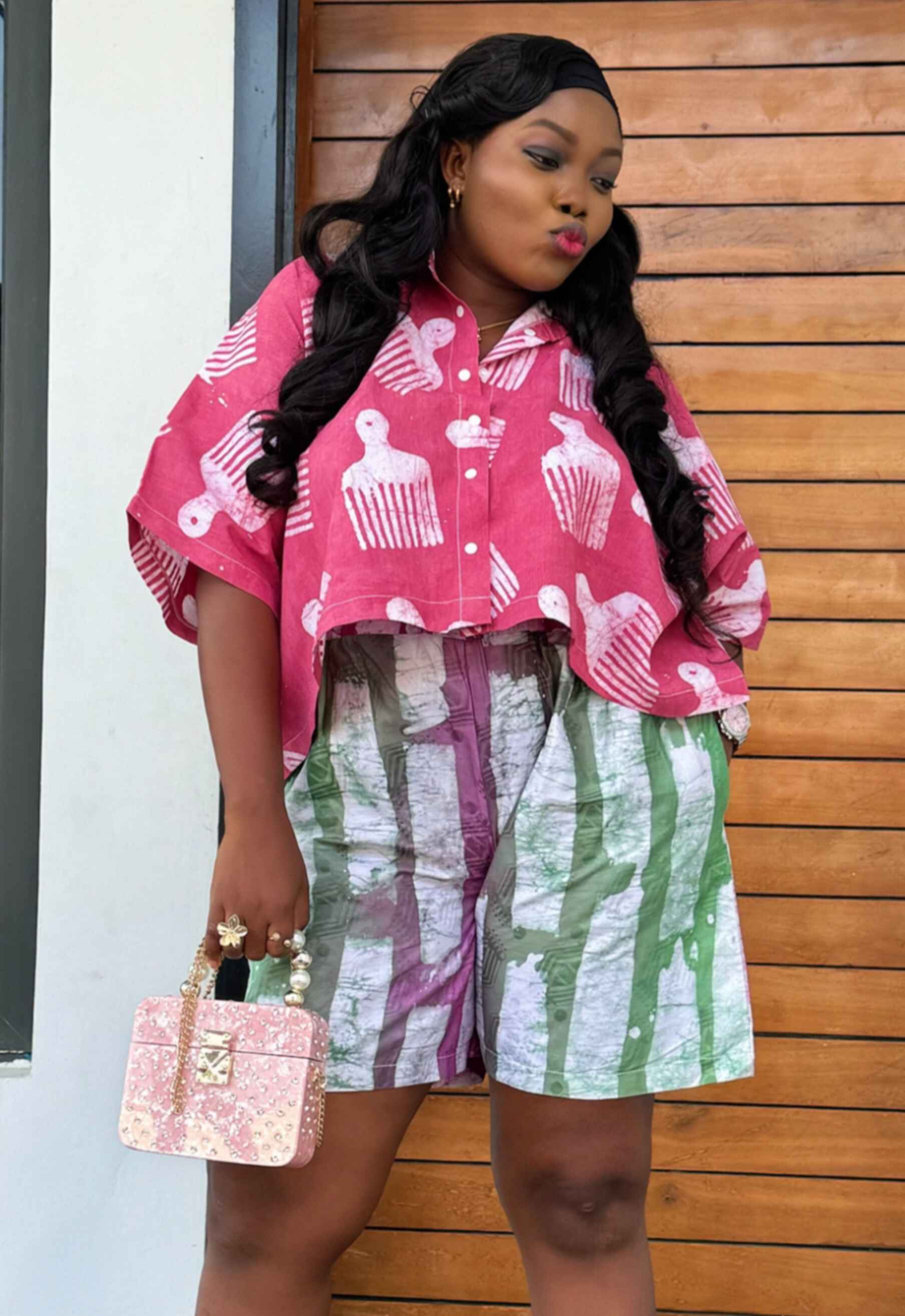 Bossy Pink Adire Brocade Crop Shirt And Cotton Shorts Set