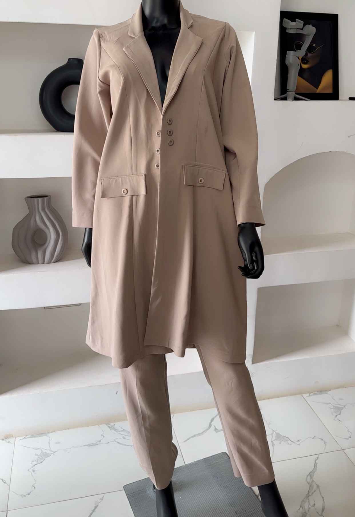The Beige Executive Midi Jacket And Trouser Set