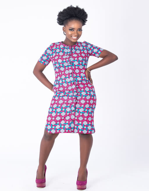 Ceeci Shirt Dress – Collarless Button-Down Shift With Pockets And Pink Accents