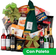 Cesta Mimbre Navidad Nº34 - Paleta Gran Reserva 4kg + Surtido Vinos y Vermut con dulces