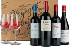 Estuche 4 Botellas Vino Tinto Nº102 - Vinos Lan, Viña Bujanda y Protos + 2 Copas cristal