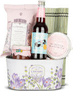 Lote de Navidad En Rosa Nº586 - Cesta de Metal con Vino Tinto + Surtido Gourmet en Tonos Rosas