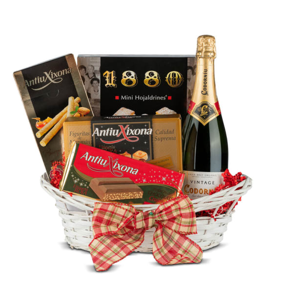 Cesta Mimbre Navidad Nº27 - Surtido turrones y dulces ANTIU XIXONA + Cava CODORNIU 75cl