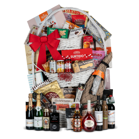 Cesta de Navidad Mimbre 3 Pisos Nº49 - Jamón Serrano Bodega 6,5kg + Whisky, Ginebra, Crema de Pistacho y Vinos