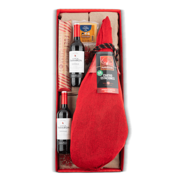Caja Jamonera Nº55 - Jamón Serrano Reserva Navidul 7kg + Fuet, Queso y Vino Tinto