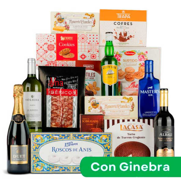 Lote Navidad Nº7 - Ginebra Master's 50cl y Surtido Vinos + Salchichón Ibérico y dulces
