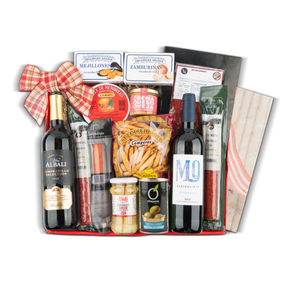 Estuche de Navidad Nº69 - Vino Tinto Viña Albali y Montequinto + Ibéricos, Jamón Loncheado y Conservas