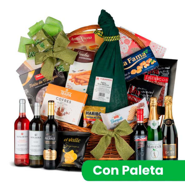 Cesta Mimbre Navidad Nº34 - Paleta Gran Reserva 4kg + Surtido Vinos y Vermut con dulces