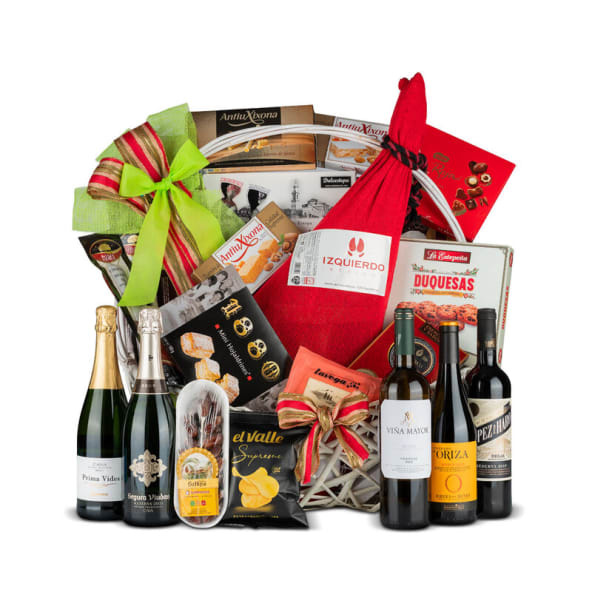 Cesta Mimbre Navidad Nº45 - Jamón Ibérico 7,5kg y Embutido + Selección de vinos y conservas