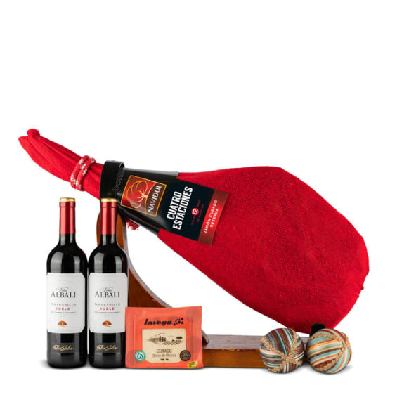 Jamonera Nº55 - Jamón Curado Reserva Navidul 7Kg y Queso Curado + Botellas Vino Tinto