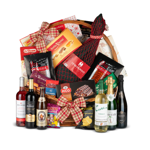 Cesta Mimbre de Navidad 1 Piso Nº34 - Paleta Gran Reserva Izquierdo 4kg + Selección de Vinos y  Dulces