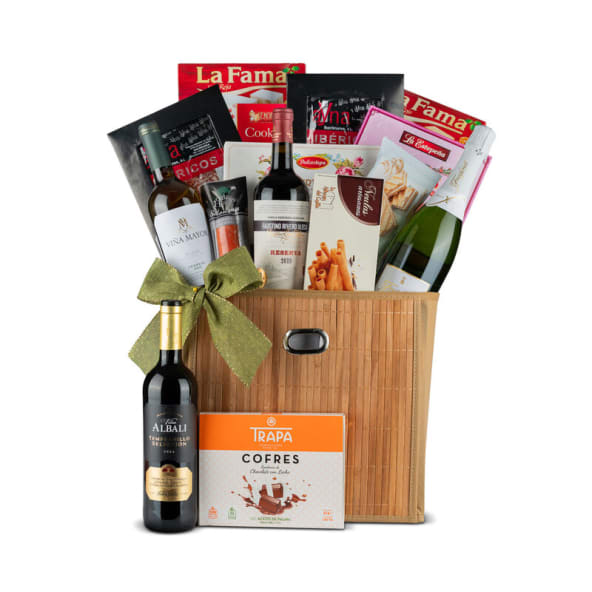 Cesto Bambú Navidad Nº30 - Selección de Vinos + Surtido Charcutería Ibérica y Turrones