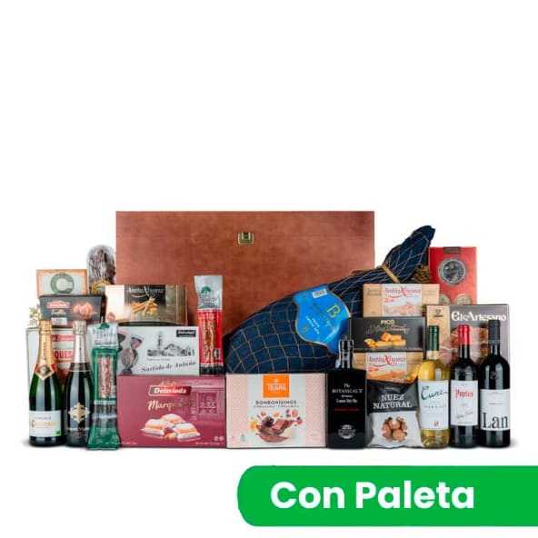 Baul Madera Nº47 - Paleta ibéricos Benito 4k y Queso Curado + Ginebra y vinos premium
