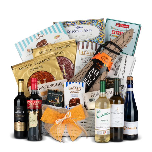 Cuévano Mimbre de Navidad Nº39 - Jamón Serrano Bodega 6,5kg y Salchichón + Vinos y Vermut con Dulces