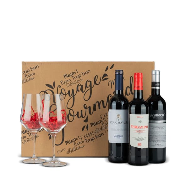 Estuche Navidad Vinos Nº101 - 3 Botellas Vino Tinto + 2 Copas de cristal