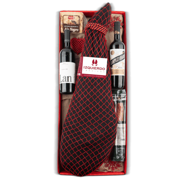 Caja Jamonera Nº664 - Jamón Ibérico Bellota 50% 7kg y Salchichón + Queso y 2 Bot. Vino Tinto