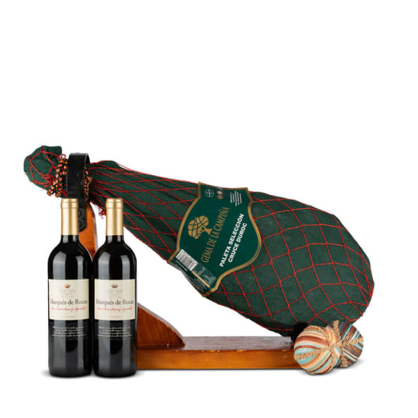 Jamonera Navidad Nº52 - Paleta Duroc 4,5Kg + 2 botellas Vino tinto Marqués de Rocas 75cl