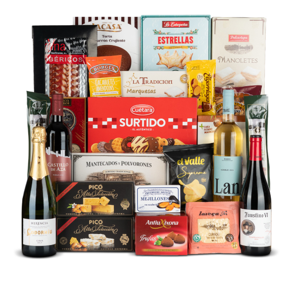 Lote de Navidad Nº12 - 4 Botellas Vino + Ibéricos Bellota, Queso Curado y Turrones Picó