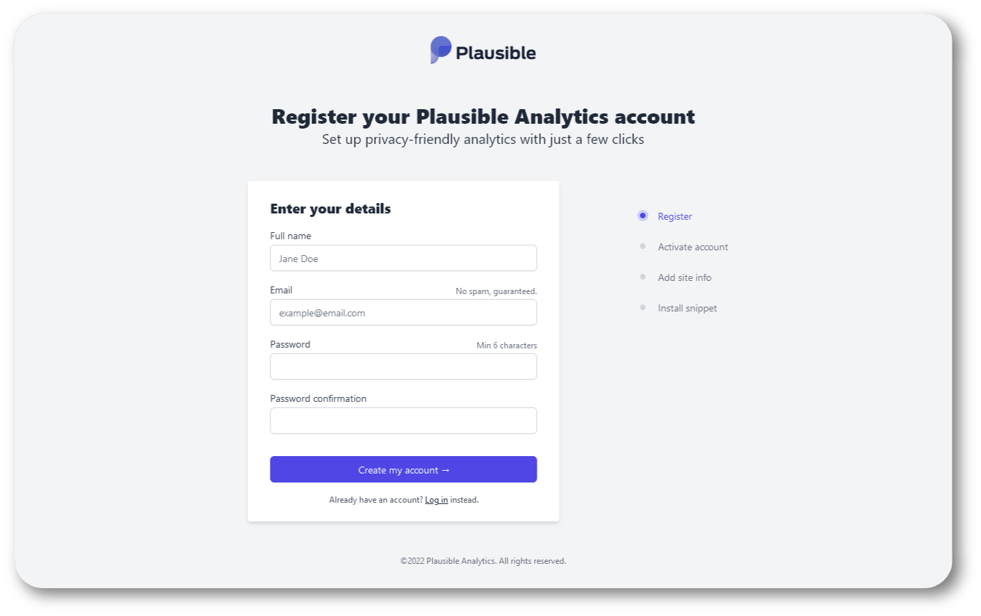 Plausible Analytics Registration Page