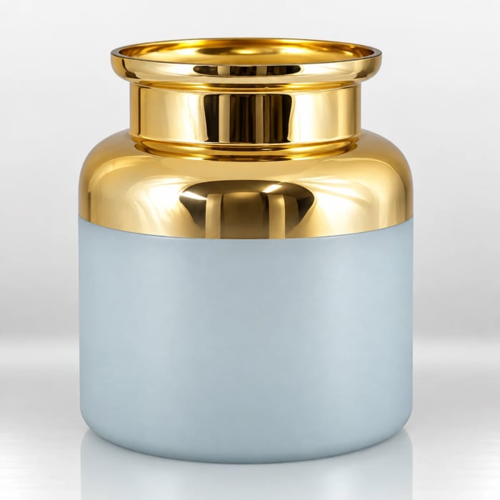Ice-blue cylindrical candle holder with a polished metallic gold upper section.
