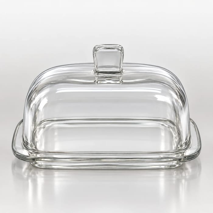 Clear glass butter dish with rectangular base, dome cover and glass handle
