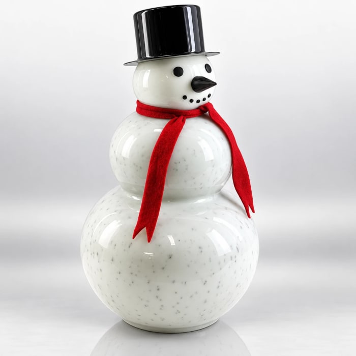 White glass snowman with red scarf, black top hat, black nose and glossy speckled body.