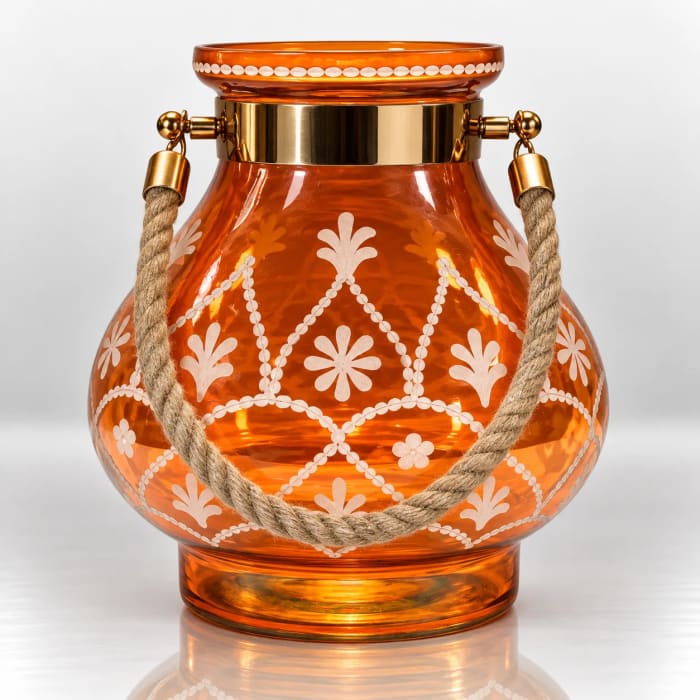 Amber-orange glass candle holder with white floral patterns, gold-toned detailing, and a natural rope handle.