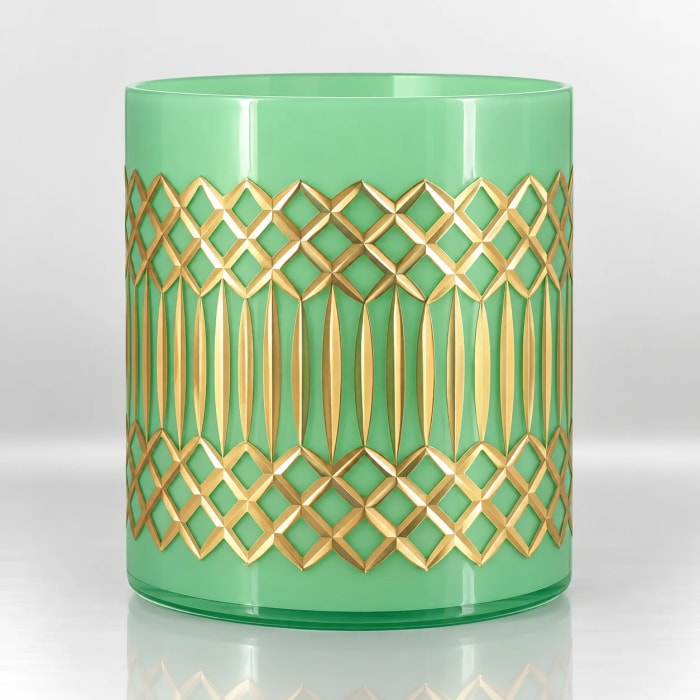 Emerald green cylindrical candle holder with an intricate raised gold geometric pattern.