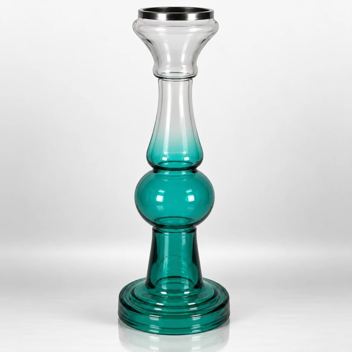 Tall teal ombre glass candle stand with sculptural rounded body and layered circular glass base.