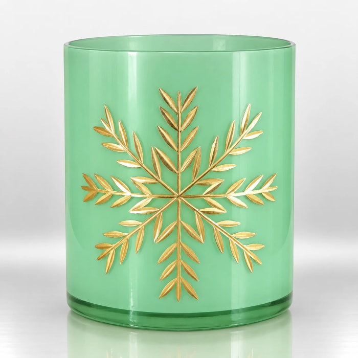 Green cylindrical glass candle holder featuring an intricate gold snowflake design.