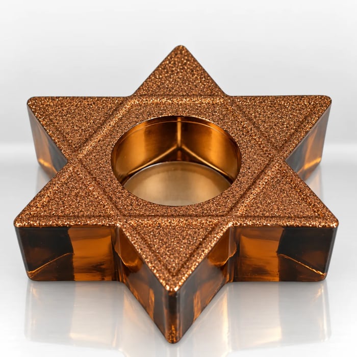 Five-point star-shaped candle holder with a textured bronze finish and polished central candle recess.