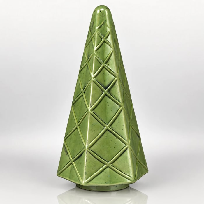 Green glass ceramic Christmas tree with raised diamond lattice pattern and glossy speckled green finish.