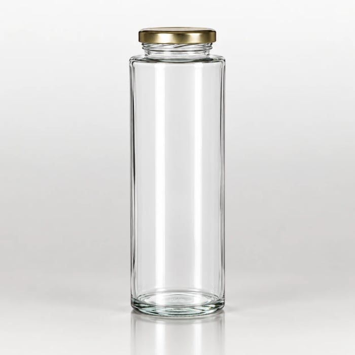 Clear tall cylindrical glass bottle with wide neck and metallic screw lid