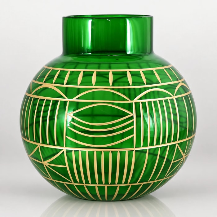 Green glass hurricane candle holder with gold geometric decorative pattern