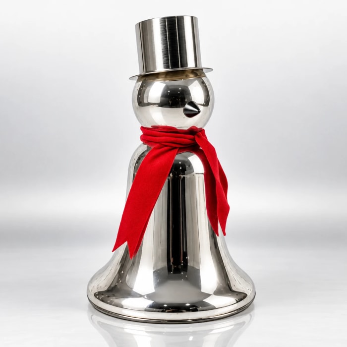 Silver glass snowman with red scarf, metallic top hat, reflective mercury finish and pointed nose.