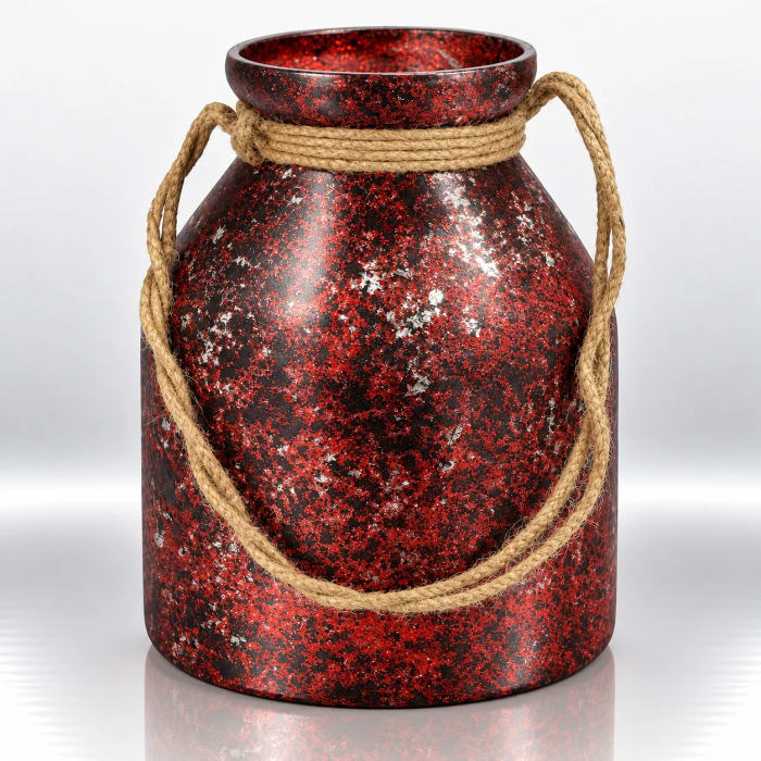 Burgundy-red and black speckled glass candle holder with a wide opening and natural jute rope loop detailing.