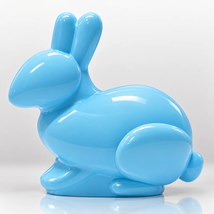 Glossy blue bunny figurine with rounded ears and sculptural body for Easter décor.