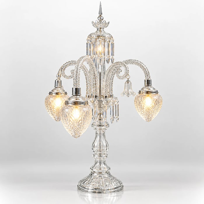 Ornate crystal table chandelier with curved arms, decorative hanging elements, and warm illuminated glass shades.