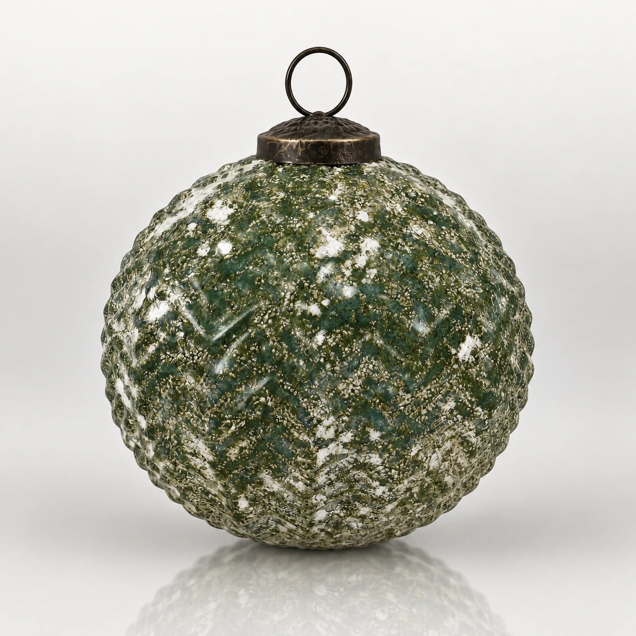 Round green textured glass Christmas bauble with mottled decoration, metal cap and hanging loop.