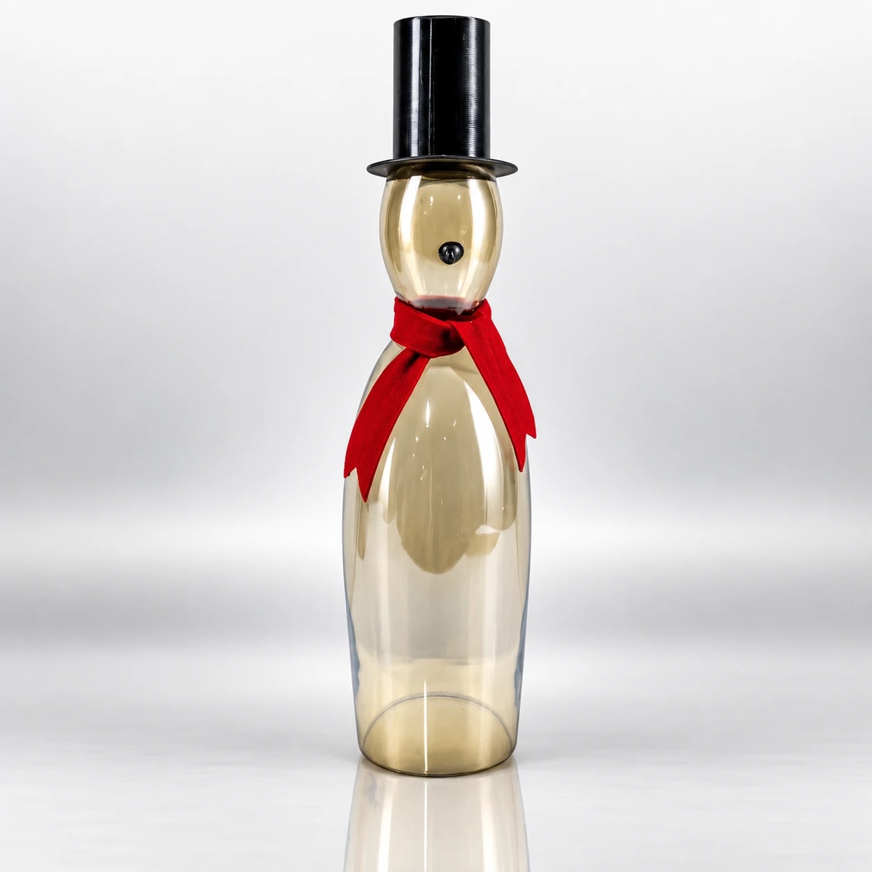 Gold glass snowman with red scarf, black top hat and slender transparent body.