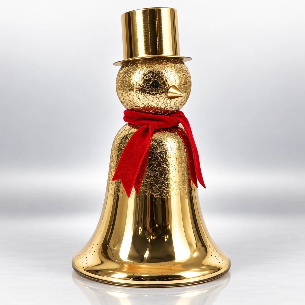 Gold glass snowman with red scarf, gold top hat, crackle-textured head and reflective metallic body.