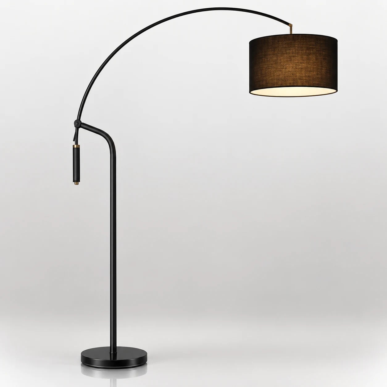 Black arc floor lamp with dark fabric drum shade