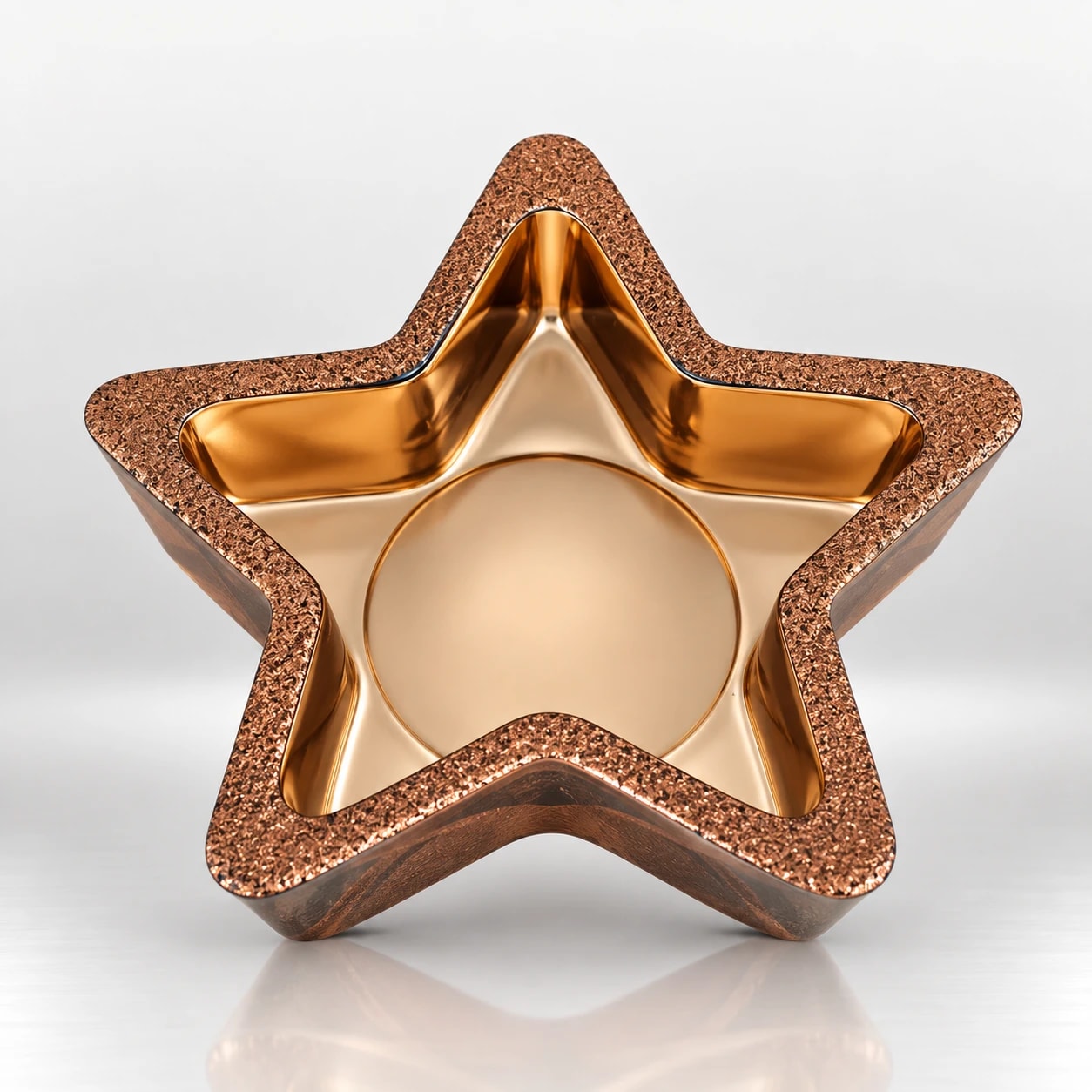 Star-shaped copper and gold candle holder with a textured metallic exterior and polished golden interior.