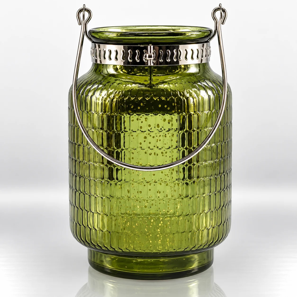 Olive green textured glass candle holder with ribbed geometric detailing, silver-tone metal collar and curved carrying handle.