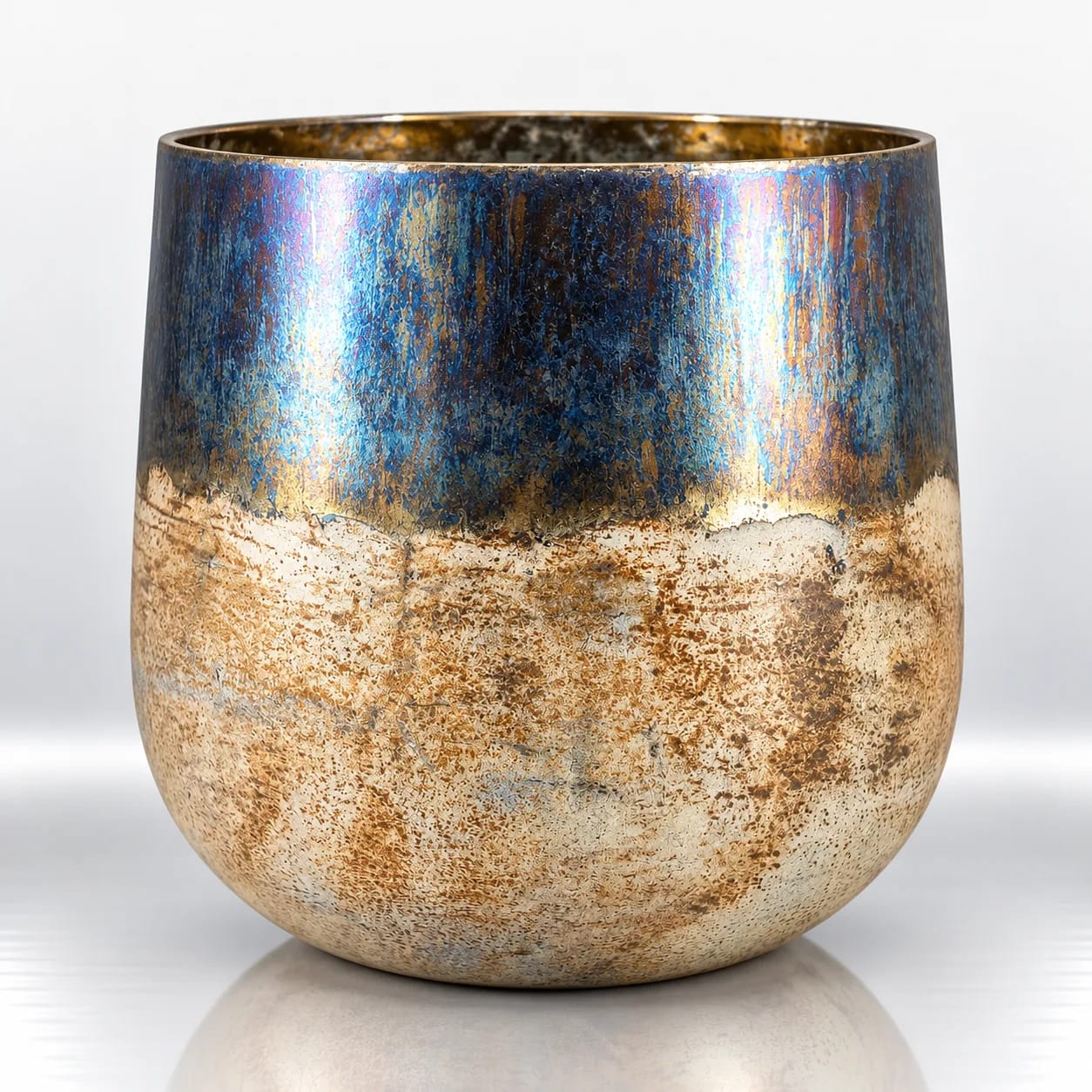 Rounded glass candle holder with distressed blue, antique gold and bronze patina finish and a wide open top.