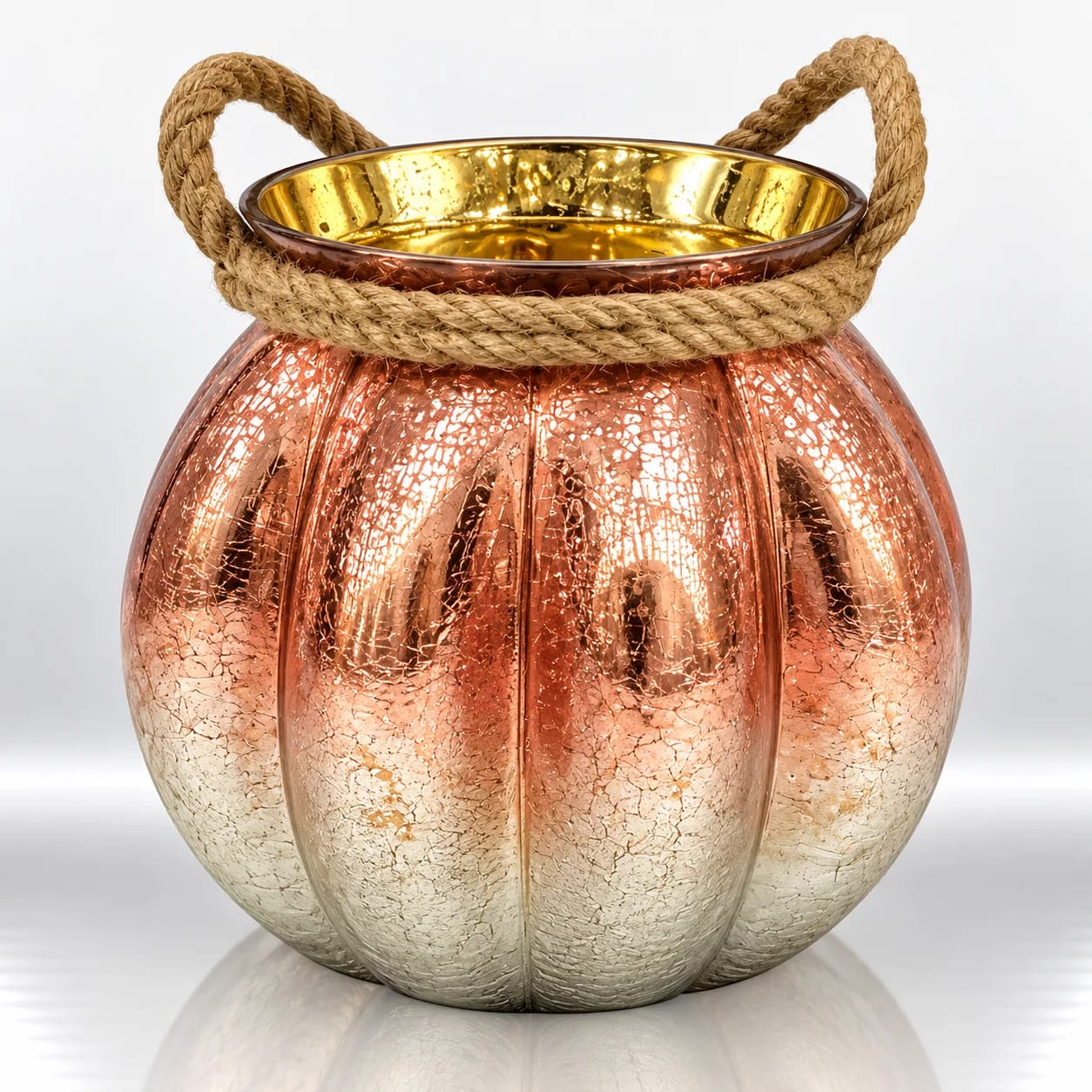 Rose gold crackle-finish pumpkin-shaped glass vase with golden interior and natural jute rope loop handles against a light background.