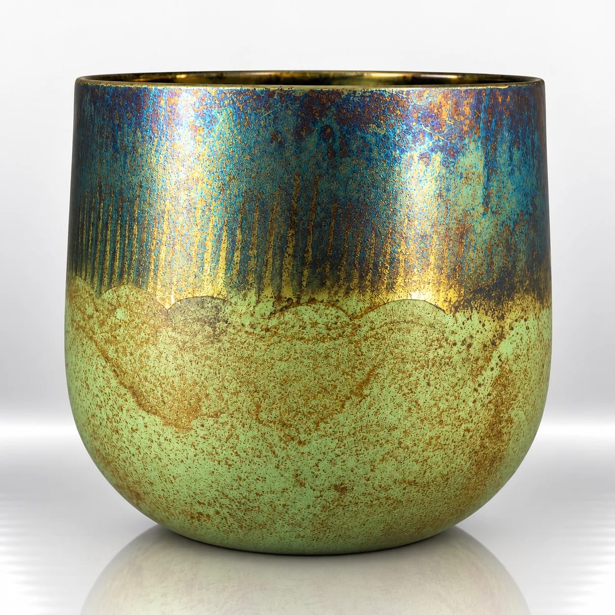 Rounded green glass candle holder with an iridescent blue upper finish and distressed antique gold patina texture.