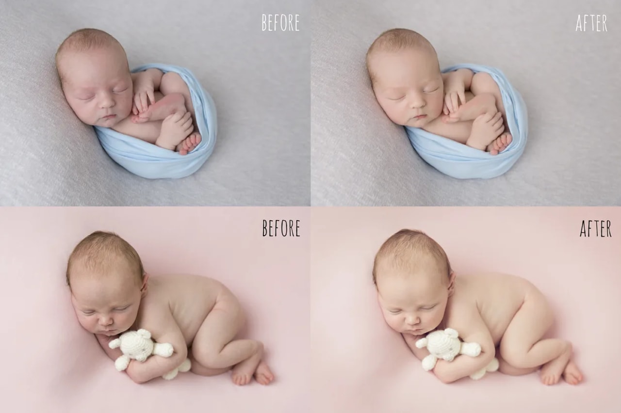Edited newborn photos showing color correction and enhancements in a cozy setting in Rutherglen