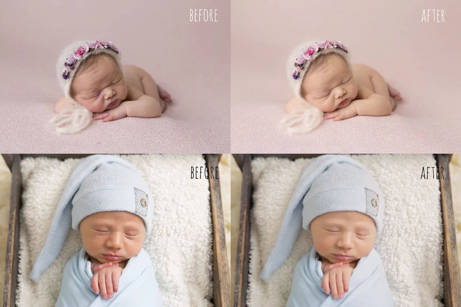 Side-by-side comparison of newborn photography editing with enhancements in lighting and color, taken in Cambuslang