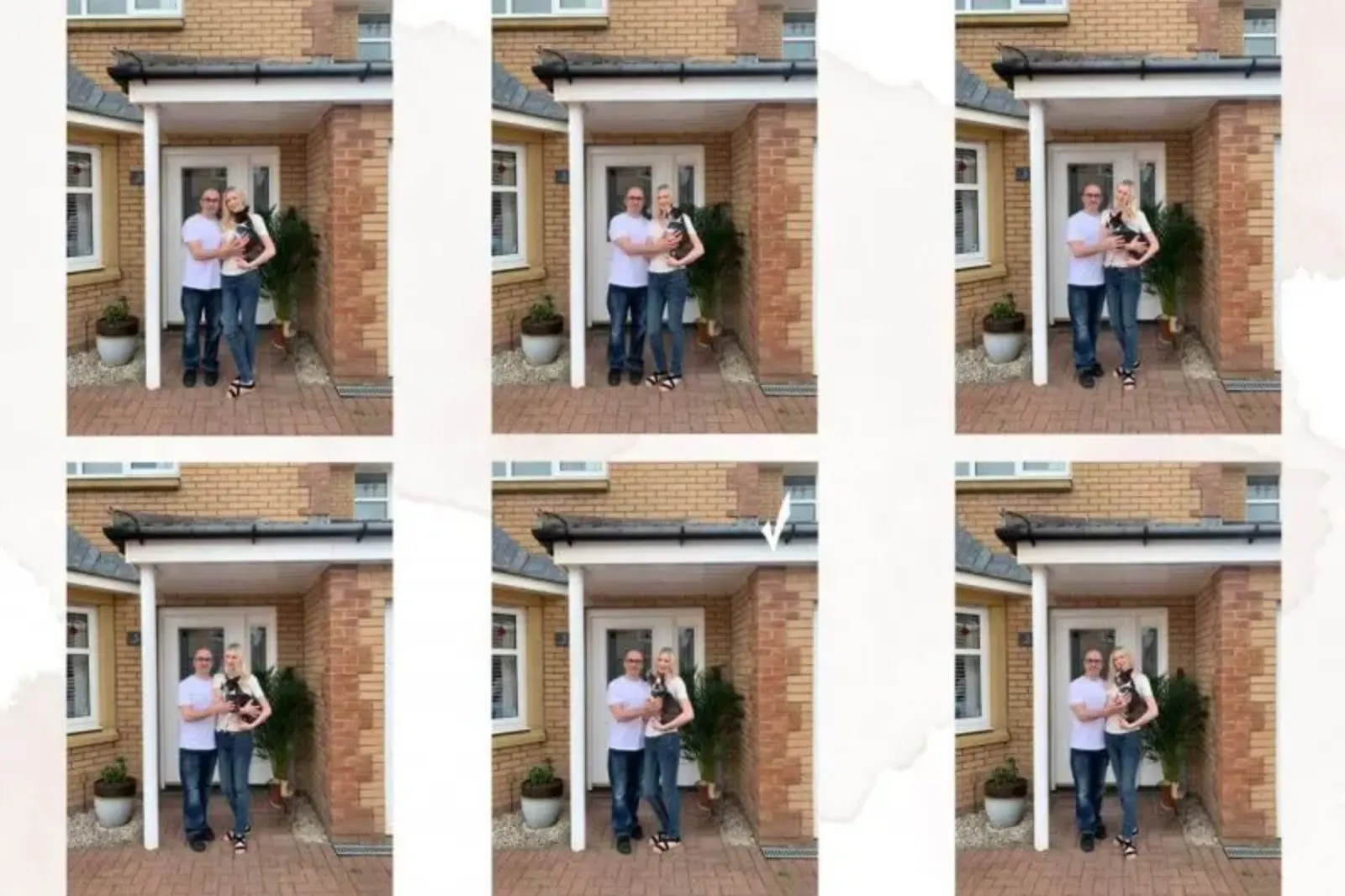 A collage of a couple with a baby photographed on the doorstep of a brick house, showcasing doorstep photography in East Kilbride